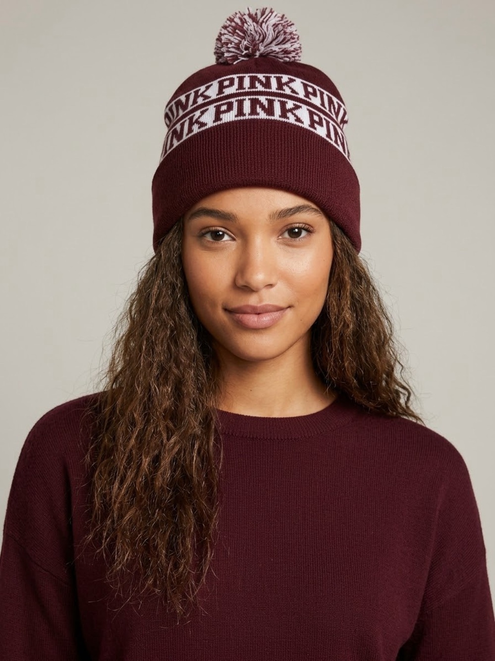 PINK Victoria's Secret Knit Pom Pom Beanie Hat Logo Winter Cap Streetwear cozy